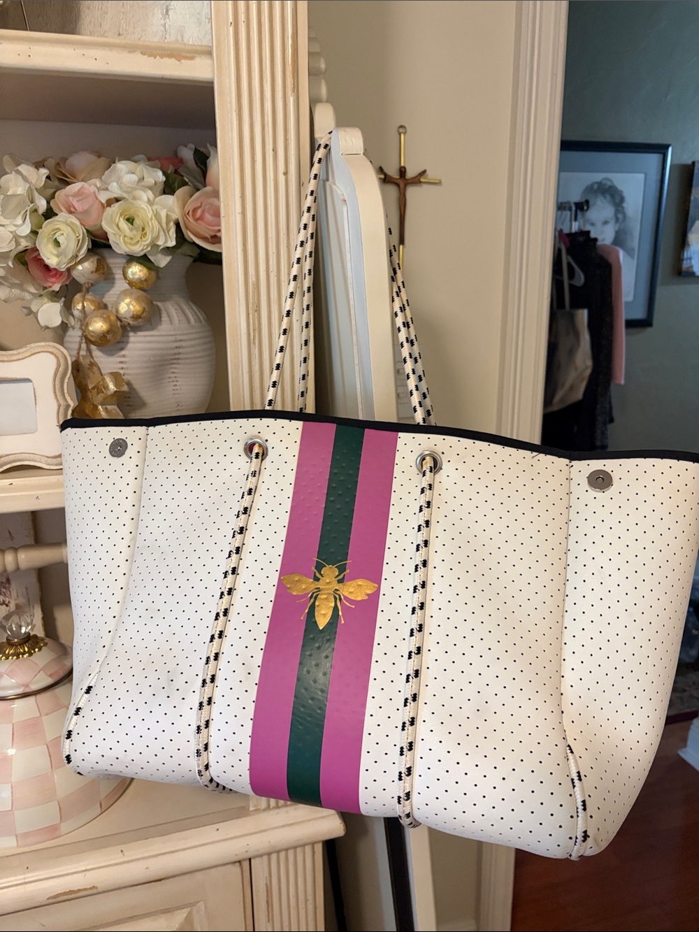Babs & Birdie White Perforated Tote with Pink & Green Stripe and Gold Bee Accent